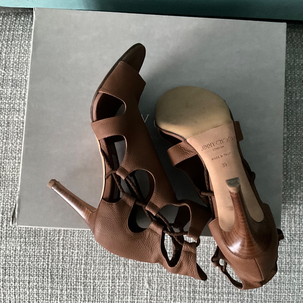 Jimmy Choo Lucky 85 Cognac Cage Sandals Size 39 - Picture 5 of 6